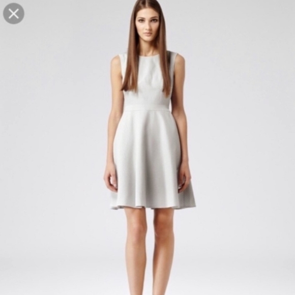 Reiss Natalie Houndstooth Keyhole Back A Line Mini Dress Silver Grey 10 - Picture 2 of 10
